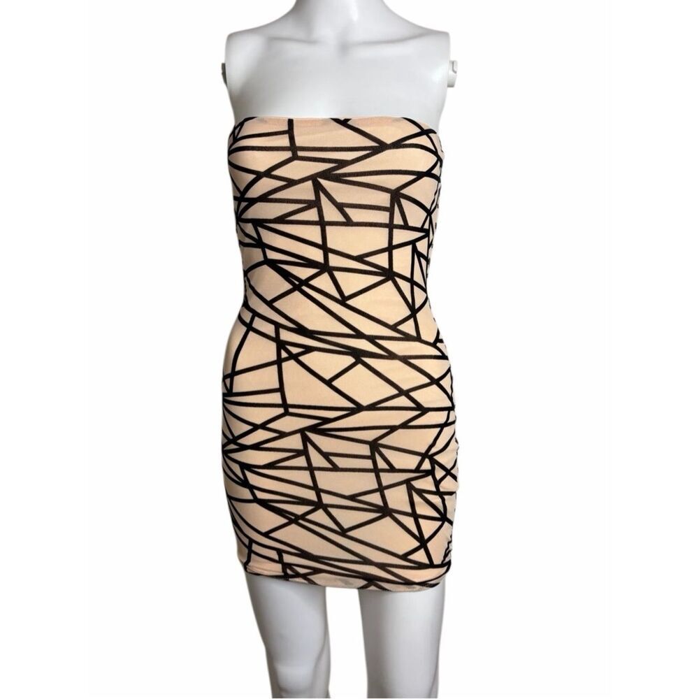 The Vintage Shop Strapless Beige Bodycon Dress with Black Geometric Print Small